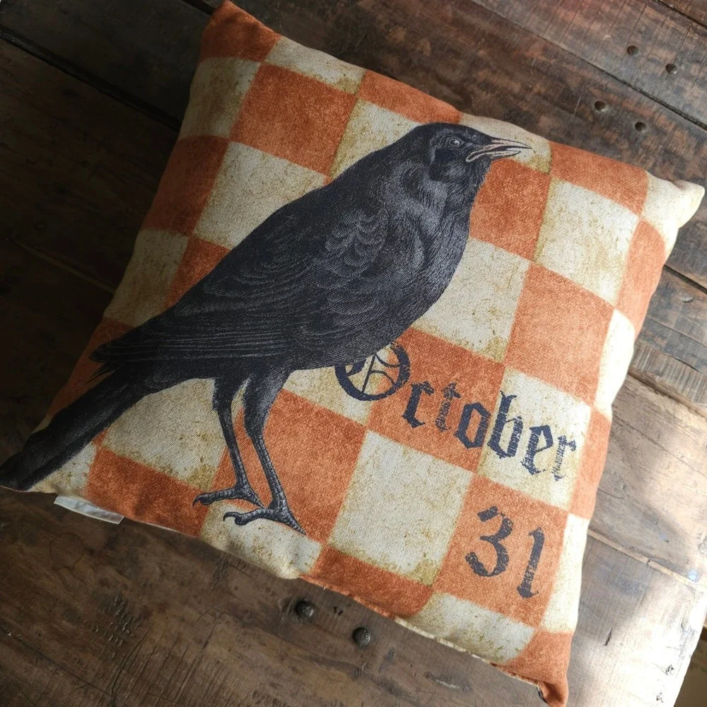 Pottery Barn Halloween Crow Raven October 31 Checkered Pillow 20